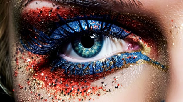 A woman's eye is covered in glitter and colored with gold, blue, and red. The eye is surrounded by a colorful design, and the woman's lashes are long and curled. Scene is playful and fun