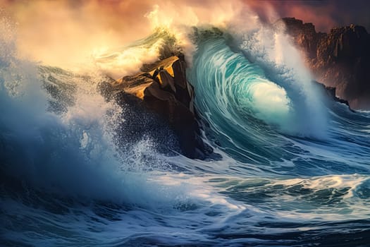 The ocean is crashing against the rocks, creating a powerful and dramatic scene. The waves are high and the water is frothy, giving the impression of a wild and untamed force of nature