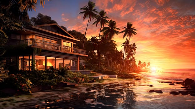 A beautiful beach scene with a house in the background. The house is surrounded by palm trees and the water is calm. The sky is orange and pink, creating a warm and inviting atmosphere