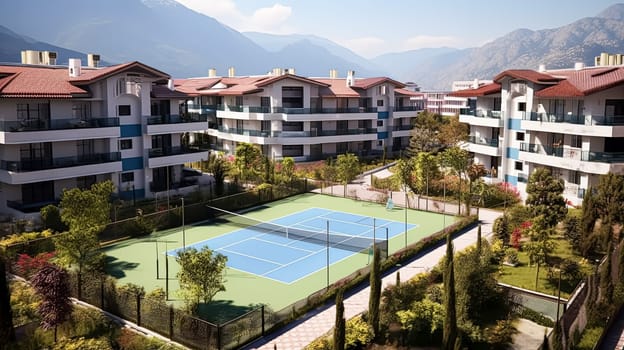 A tennis court is nestled amidst lush greenery, bordered by a verdant field and overlooked by a grand building, creating a picturesque sports setting.