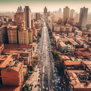 A busy city street with lots of cars and tall buildings. The sky is hazy and the sun is low in the sky