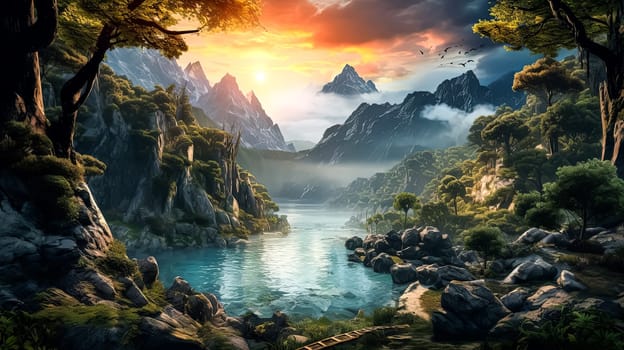 A beautiful landscape with a river and mountains in the background. The sun is shining brightly, creating a warm and inviting atmosphere. The scene is peaceful and serene, with the trees