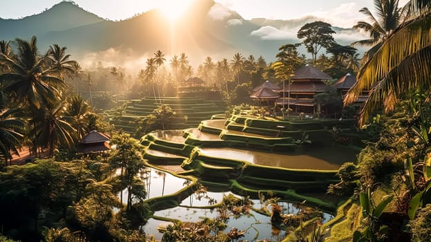 A lush green valley with a river running through it. The river is surrounded by trees and houses