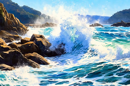 The ocean is crashing against the rocks, creating a powerful and dramatic scene. The waves are high and the water is frothy, giving the impression of a wild and untamed force of nature