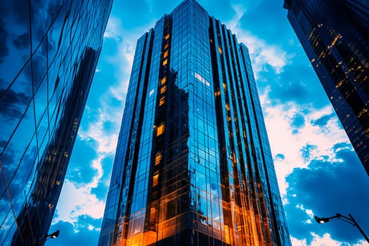 A towering skyscraper adorned with numerous windows, set against a backdrop of billowing clouds in the sky, creating a dramatic urban landscape.