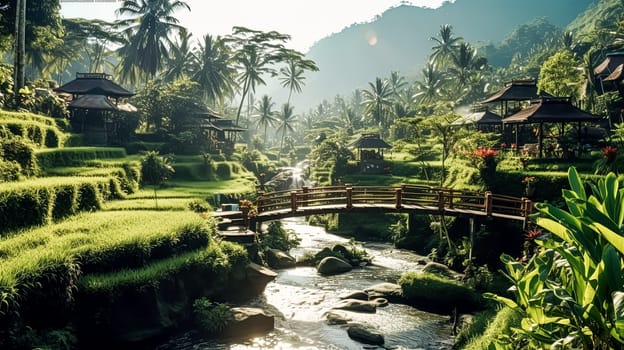 A lush green valley with a river running through it. The river is surrounded by trees and houses