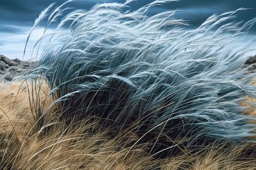 A field of tall grass with a blue sky in the background. The grass is dry and has a light blue color