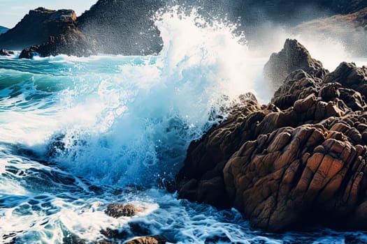 The ocean is crashing against the rocks, creating a powerful and dramatic scene. The waves are high and the water is frothy, giving the impression of a wild and untamed force of nature