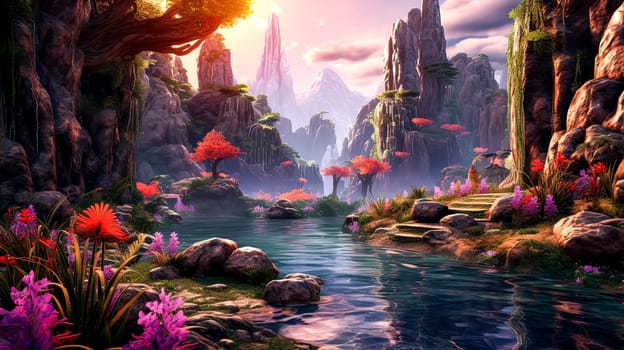 A beautiful landscape with a river and mountains in the background. The sun is shining brightly, creating a warm and inviting atmosphere. The scene is peaceful and serene, with the trees