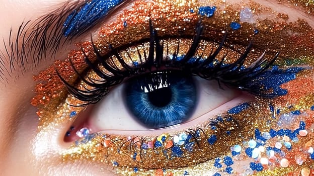 A woman's eye is covered in glitter and colored with gold, blue, and red. The eye is surrounded by a colorful design, and the woman's lashes are long and curled. Scene is playful and fun