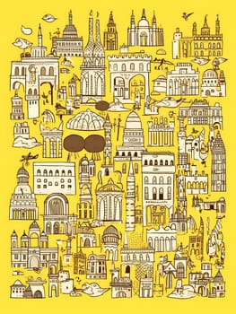 A yellow poster with many buildings and a boat. The poster is titled "Cityscape". The poster is meant to showcase the diversity of architecture