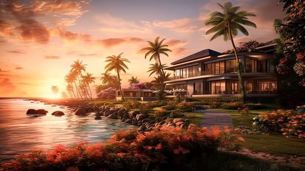 A beautiful beach scene with a house in the background. The house is surrounded by palm trees and the water is calm. The sky is orange and pink, creating a warm and inviting atmosphere