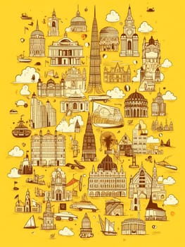 A yellow poster with many buildings and a boat. The poster is titled "Cityscape". The poster is meant to showcase the diversity of architecture