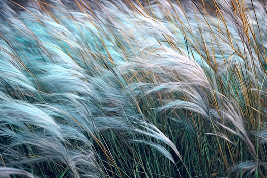 A field of tall grass with a blue sky in the background. The grass is dry and has a light blue color