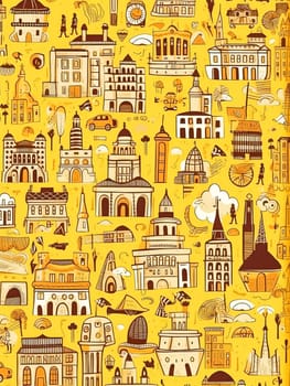 A yellow poster with many buildings and a boat. The poster is titled "Cityscape". The poster is meant to showcase the diversity of architecture