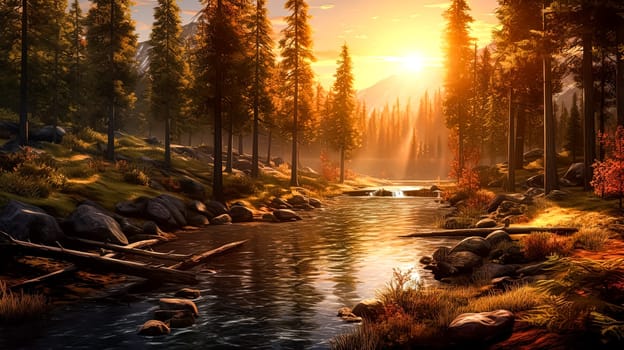 A beautiful landscape with a river and mountains in the background. The sun is shining brightly, creating a warm and inviting atmosphere. The scene is peaceful and serene, with the trees