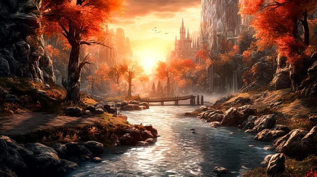 A beautiful landscape with a river and mountains in the background. The sun is shining brightly, creating a warm and inviting atmosphere. The scene is peaceful and serene, with the trees