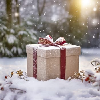 Christmas holiday gift and present, gift box in the snow in snowfall winter countryside nature for boxing day, holidays shopping sale idea