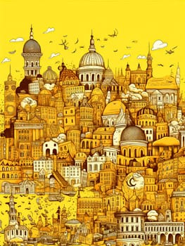 A yellow poster with many buildings and a boat. The poster is titled "Cityscape". The poster is meant to showcase the diversity of architecture