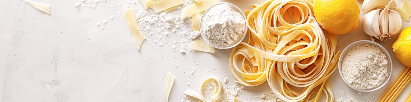 Pasta recipe preparation flatlay background with ingredients, spaghetti, olive oil, garlic, tomatoes and spices in the kitchen, homemade food recipe idea