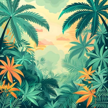 A lush plant community of green palm trees and colorful flowers in the warm light of a tropical sunset, creating a natural landscape of orange hues
