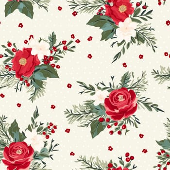 Seamless pattern, tileable Christmas holiday floral, country flowers dots print, English countryside roses for wallpaper, wrapping paper, scrapbook, fabric and product design motif