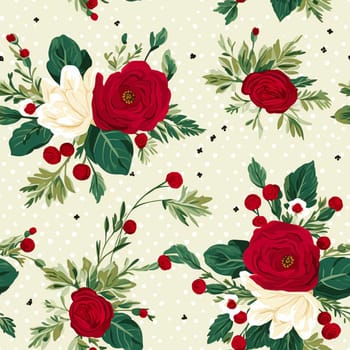 Seamless pattern, tileable Christmas holiday floral, country flowers dots print, English countryside roses for wallpaper, wrapping paper, scrapbook, fabric and product design motif