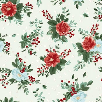 Seamless pattern, tileable Christmas holiday floral, country flowers dots print, English countryside roses for wallpaper, wrapping paper, scrapbook, fabric and product design motif