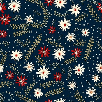 Seamless pattern, tileable Christmas holiday floral country dots print on dark background, English countryside flowers for wallpaper, wrapping paper, scrapbook, fabric and product design motif