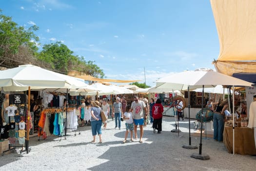 Las Dalias, Ibiza, Spain : 2024 May 14 : People at the Las Dalias Hippy Market in San Carlos in Ibiza in 2024.