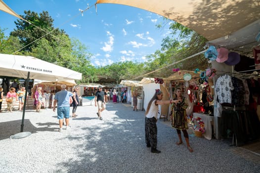 Las Dalias, Ibiza, Spain : 2024 May 14 : People at the Las Dalias Hippy Market in San Carlos in Ibiza in 2024.