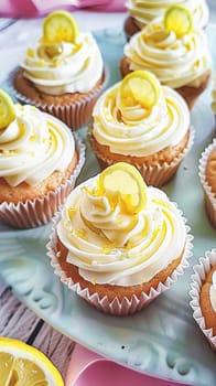 Homemade lemon cupcakes with buttercream frosting, baking recipe