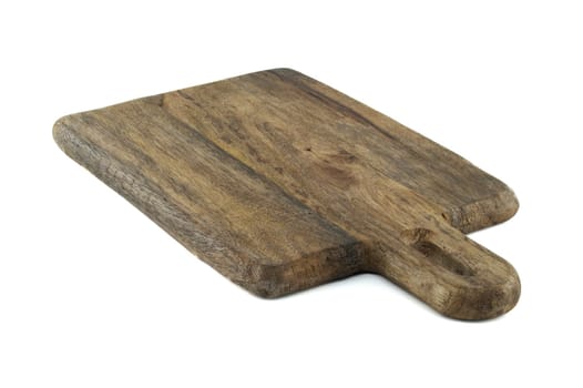 Wooden cutting board with a handle, made from old, thick wood, and bears a rustic, vintage appearance characterized by cracks, scratches, isolated on a white background