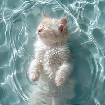 A small Felidae organism, a carnivore known as a kitten, floating in the fluid with its eyes closed, whiskers and fawn fur visible