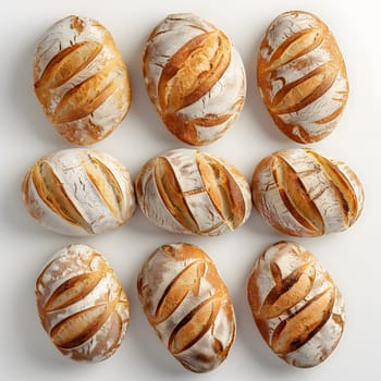 A variety of bread rolls are displayed on a white surface, showcasing different ingredients and textures. These baked goods are perfect for any cuisine, dish, or meal
