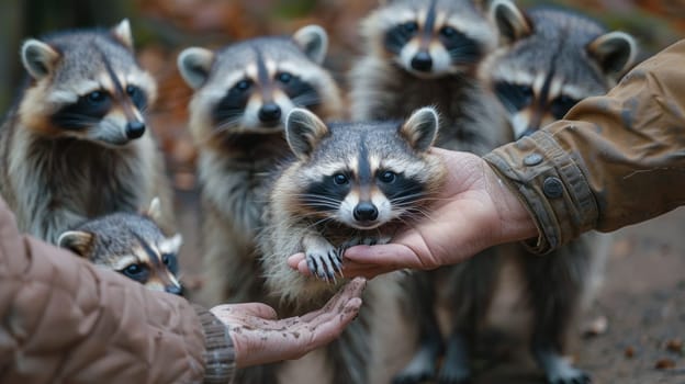 A man feeds a group of raccoons.