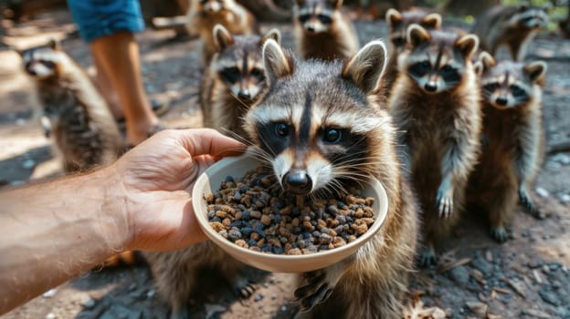 A man feeds a group of raccoons.