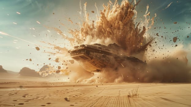 Epic Wide Shot of Spaceship Crashing into Desert with Massive Sand Explosion Concept Intense Cinematic Action.