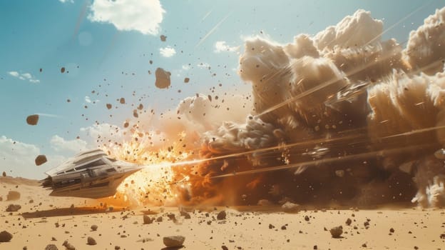 Epic Wide Shot of Spaceship Crashing into Desert with Massive Sand Explosion Concept Intense Cinematic Action.