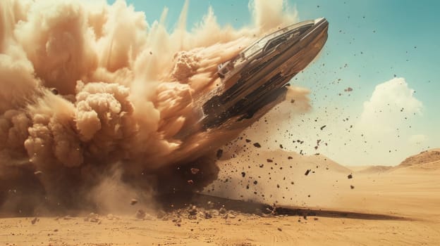 Epic Wide Shot of Spaceship Crashing into Desert with Massive Sand Explosion Concept Intense Cinematic Action.