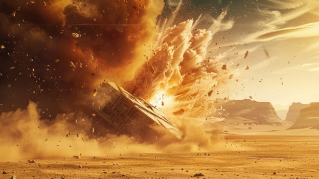 Epic Wide Shot of Spaceship Crashing into Desert with Massive Sand Explosion Concept Intense Cinematic Action.