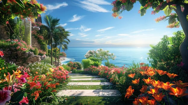 Luxury Resort Garden Filled with Exotic Flowers Concept Tranquil and Beautiful Setting for Perfect Summer Vacation.