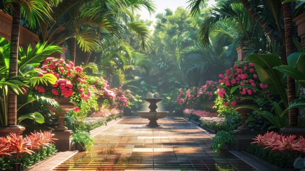 Luxury Resort Garden Filled with Exotic Flowers Concept Tranquil and Beautiful Setting for Perfect Summer Vacation.