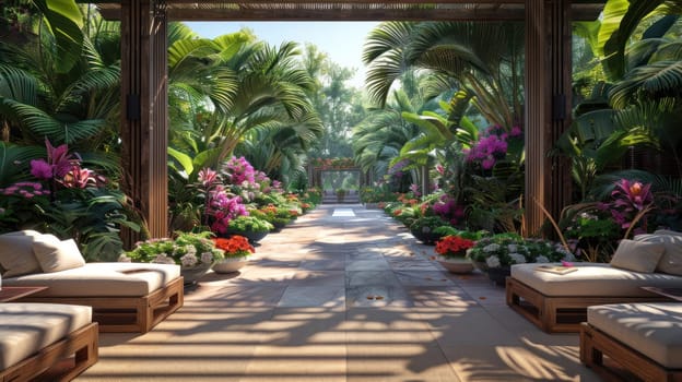 Luxury Resort Garden Filled with Exotic Flowers Concept Tranquil and Beautiful Setting for Perfect Summer Vacation.