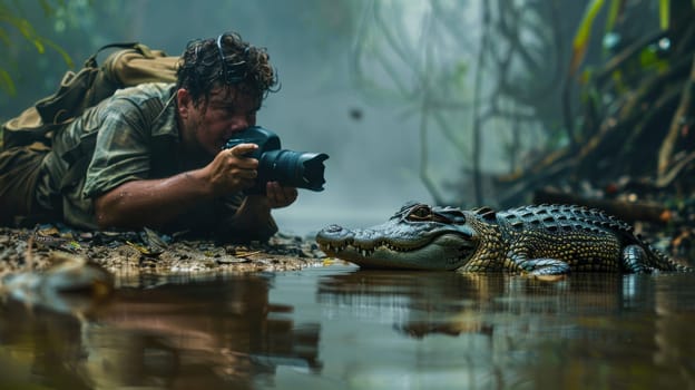 Man in Prone Position Holding Digital Camera Facing Viewer Focused on Young Crocodile at Lake Concept Misty Greenery and Wet Rock Terrain Background.