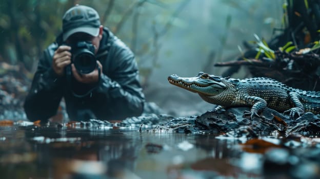 Man in Prone Position Holding Digital Camera Facing Viewer Focused on Young Crocodile at Lake Concept Misty Greenery and Wet Rock Terrain Background.