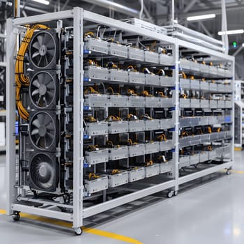 A row of shelves displaying a variety of batteries and fans made of metal and composite materials. The electric blue fans are powered by electricity from the electrical supply