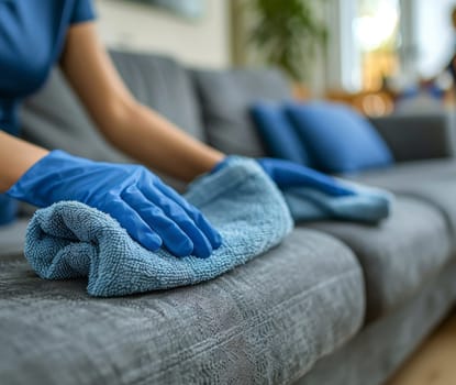 woman hand in blue glove cleaning sofa..