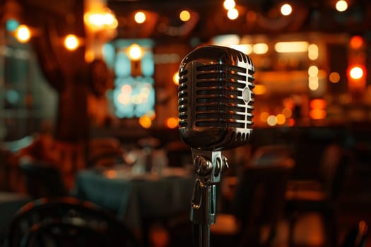 Microphone on stage with wooden bench blur light background.