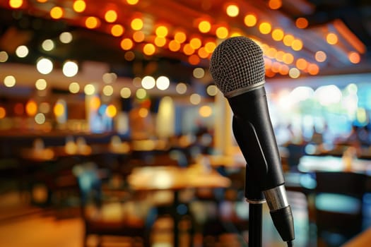 Microphone on stage with wooden bench blur light background.